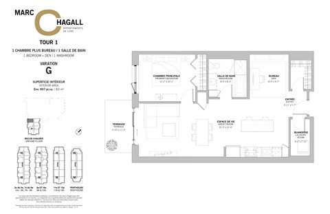 A floor plan for a one bedroom, one bathroom apartment with a den at Marc Chagall Apartments in Côte Saint-Luc.